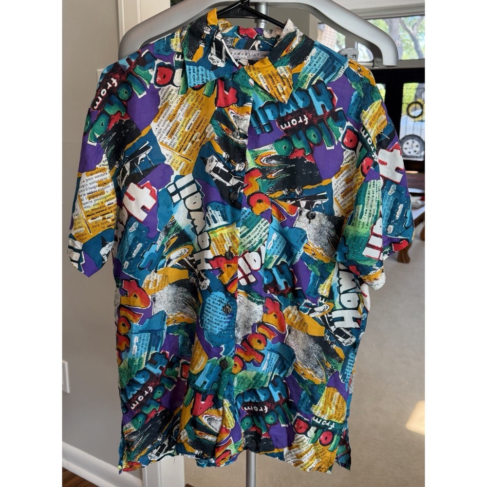 Robert Stock Men's Silk Graffiti Geometric Y2K Abstract Hawaii Theme Shirt